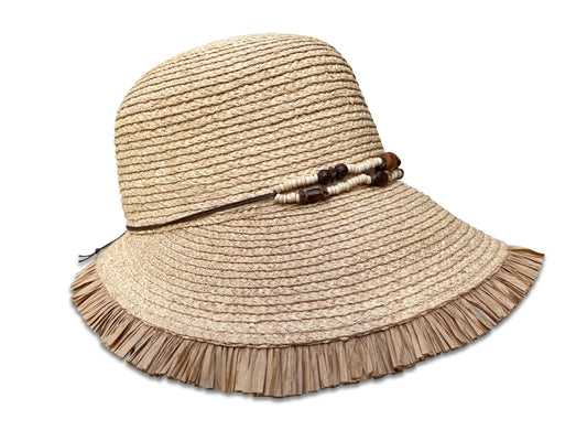 Ruth - Raffia Visor with Fringe & Beaded Trim