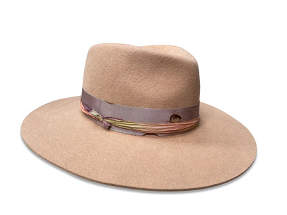Sophia Fedora - Camel Wool with Sari Silk & Feather Trim