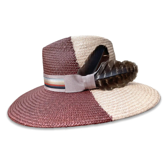 Spectator Fedora Hat - Bi-Color Panama with Wide Brim & Feather Trim