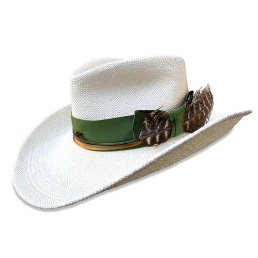 Handcrafted Superpinch Cowboy hat by Cha Cha's House of Ill Repute, showcasing distressed grosgrain and a natural feather - made to order in New York City