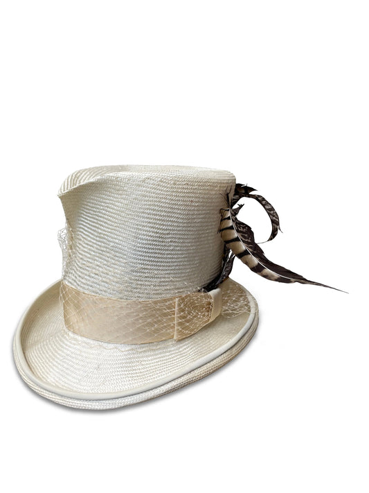 White Wing Dove Madhatter - Ivory Straw Top Hat with Veil & Feathers