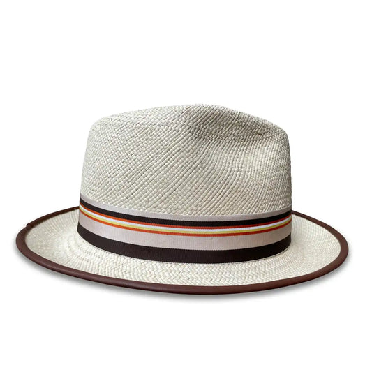 William Fedora Hat - Stingy Brim Panama Straw with Feather Trim