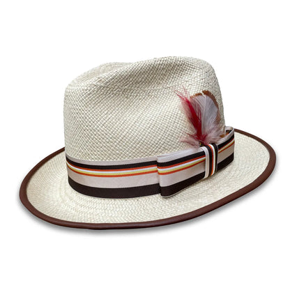 William Fedora Hat - Stingy Brim Panama Straw with Feather Trim