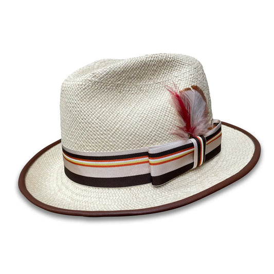William Fedora Hat - Stingy Brim Panama Straw with Feather Trim