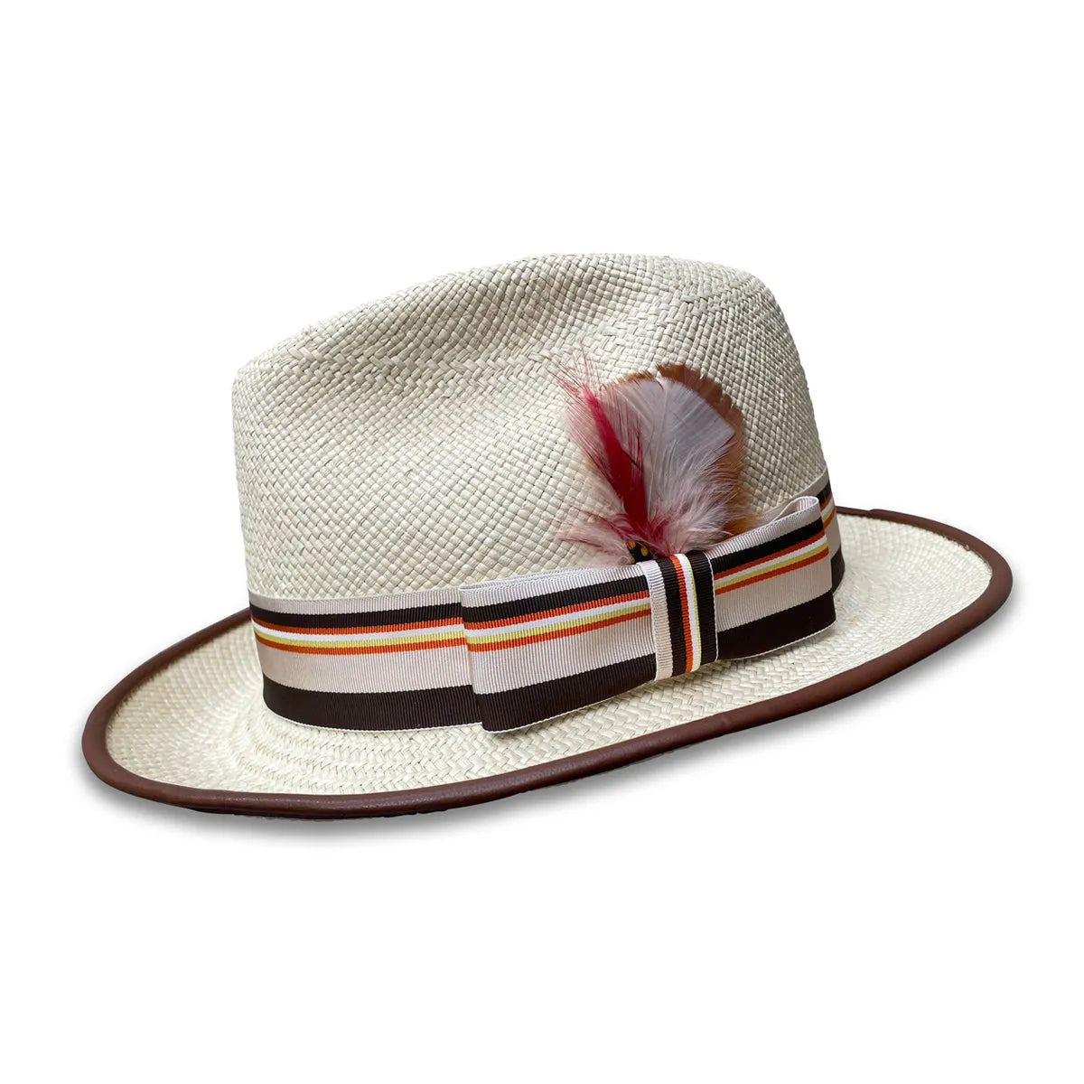 William Fedora Hat - Stingy Brim Panama Straw with Feather Trim