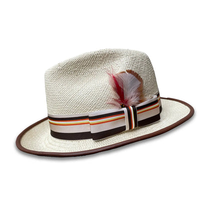 William Fedora Hat - Stingy Brim Panama Straw with Feather Trim