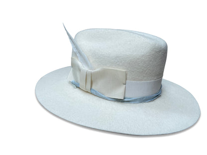 Sustainable, vintage wool ivory cowboy hat named 'June,' with personalized feather detail for weddings.