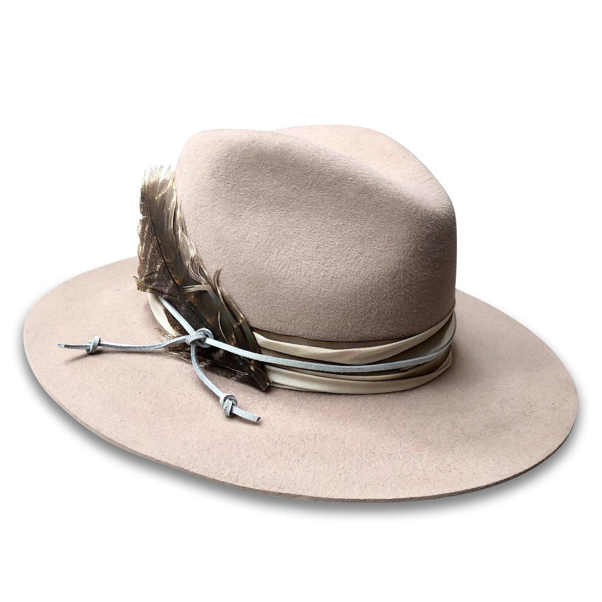 Biege Wool Western Style Fedora with silk trim and suede cord. Three inch brim, right side view. with a turkey feather