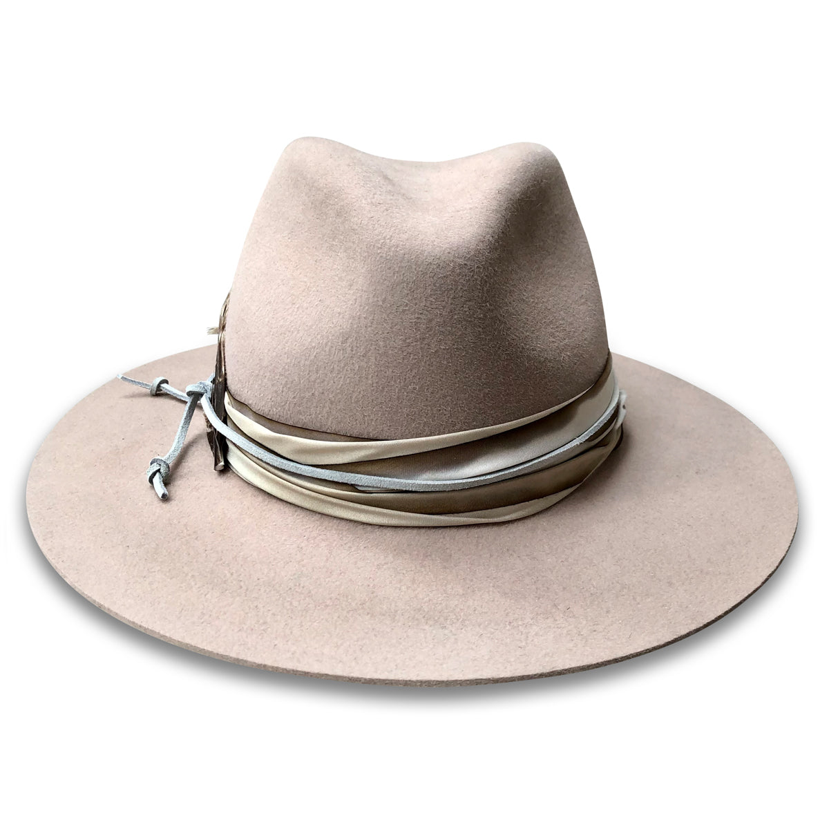 Biege Western Style Fedora with silk  trim with suede cord - front view