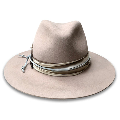Biege Western Style Fedora with silk  trim with suede cord - front view