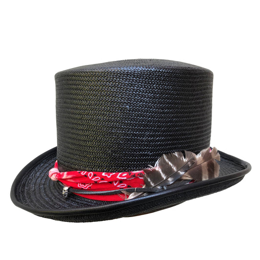  A black straw top hat named 'Free Fallin' with a red bandana, black suede cord with a skull bead, and turkey feathers as trim, finished with leather piping on the brim. Inspired by Tom Petty and created by Cha Cha's House of Ill Repute a woman-owned millinery in New York City.