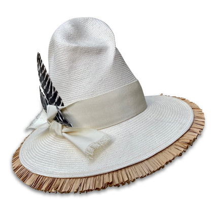 white shantung straw hat with raffia fringe 