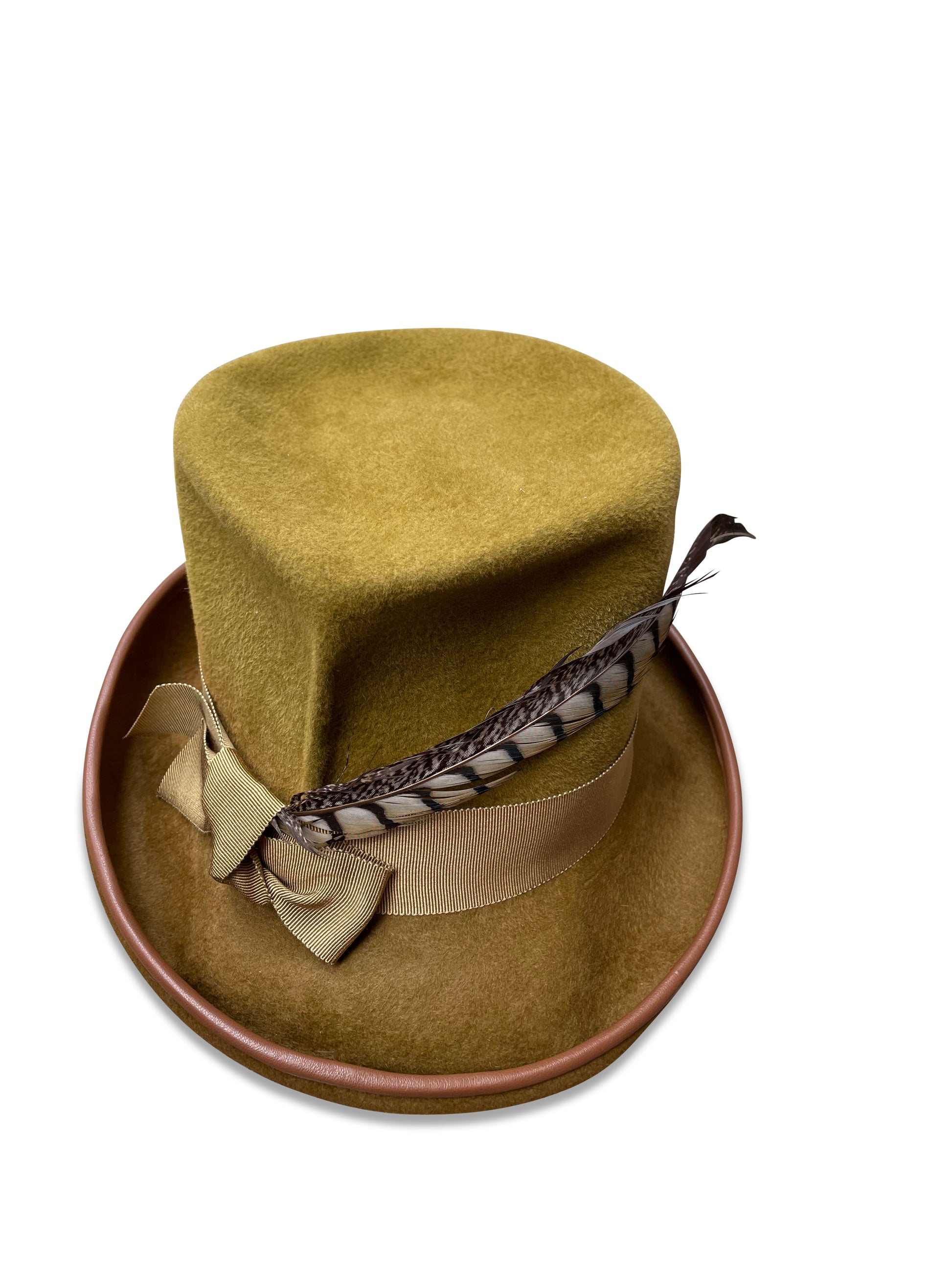 Victorian-style gold felt top hat with grosgrain ribbon trim and pheasant tail feather