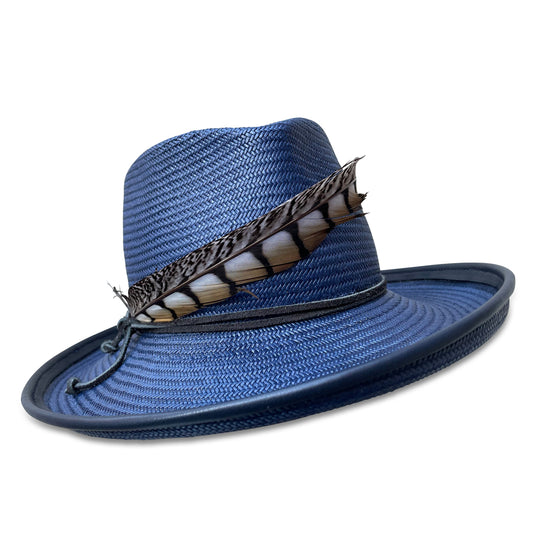 Navy Straw Fedora with upturned brim and pheasant tail trim. Brim is piping with navy lambskin.