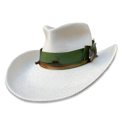 Custom bleach panama straw cowboy hat from Cha Cha's, featuring a unique silk ombre ribbon and turkey wing decoration